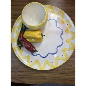Vintage Cali Ceramic Chips & Dip Plate Set With Pepper Design & Yellow Zigzag Pa